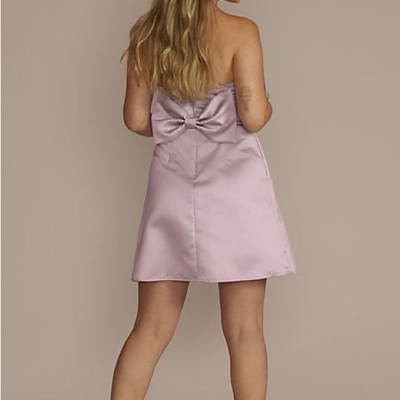 DAVIDS BRIDAL short strapless satin a-line dress with bow - Picture 4 of 6